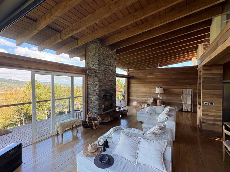 Casa Araucanía — Vista amplia del living con cielo de madera y terraza