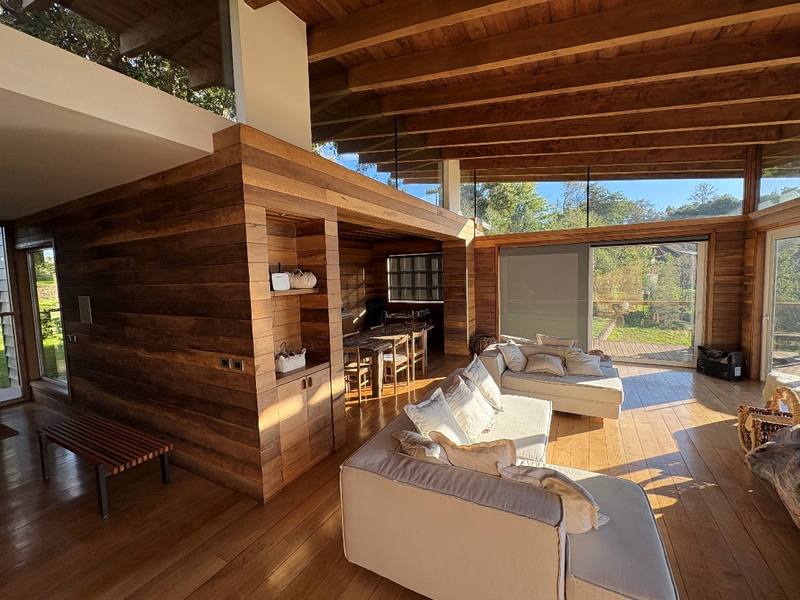 Casa Araucanía — Estar con muros revestidos en madera y ventanales hacia el paisaje